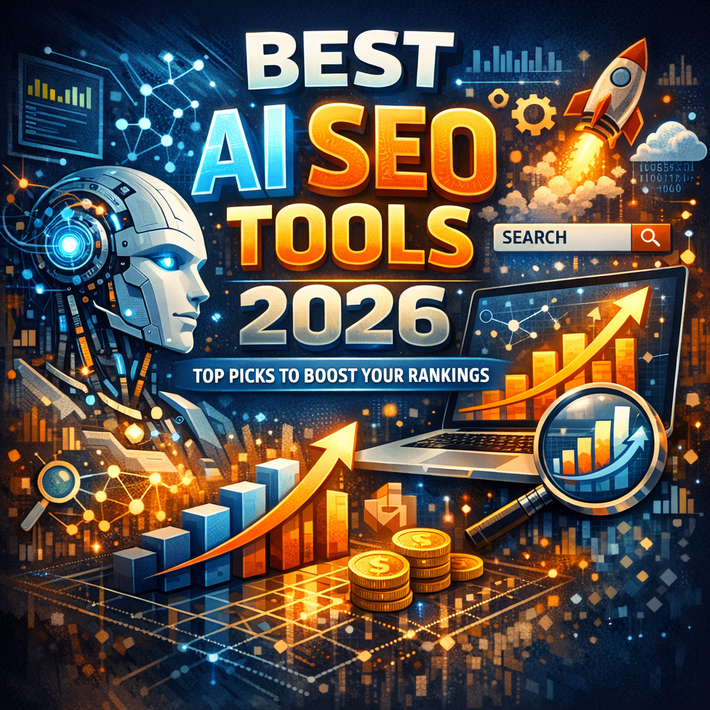 Futuristic AI dashboard displaying SEO analytics charts and ranking metrics for top AI SEO tools in 2026.