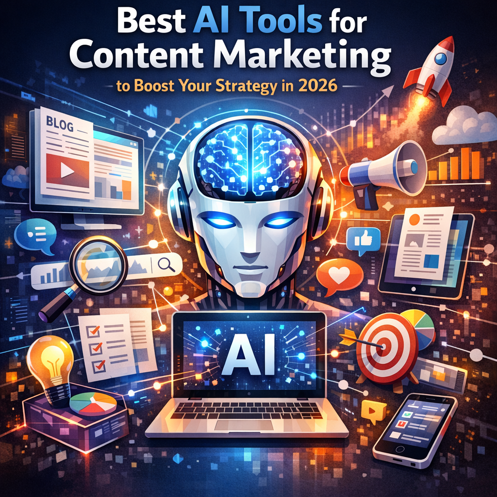 Marketer using best AI tools for content marketing on a laptop to boost strategy in 2026