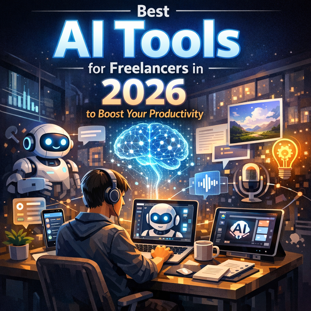 Freelancer using best AI tools on laptop in 2026 to boost productivity and streamline remote work tasks.