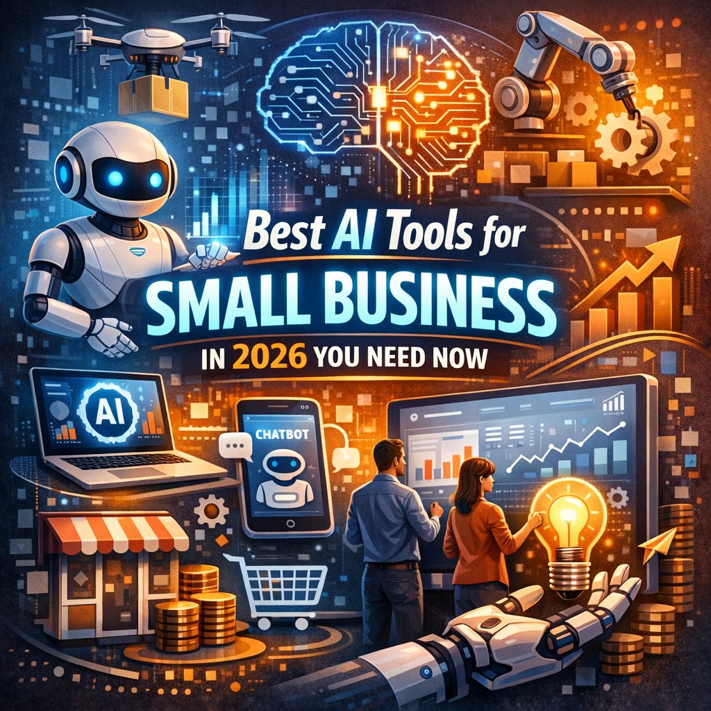 Small business owner using AI tools on laptop in 2026, surrounded by digital automation icons and data charts.