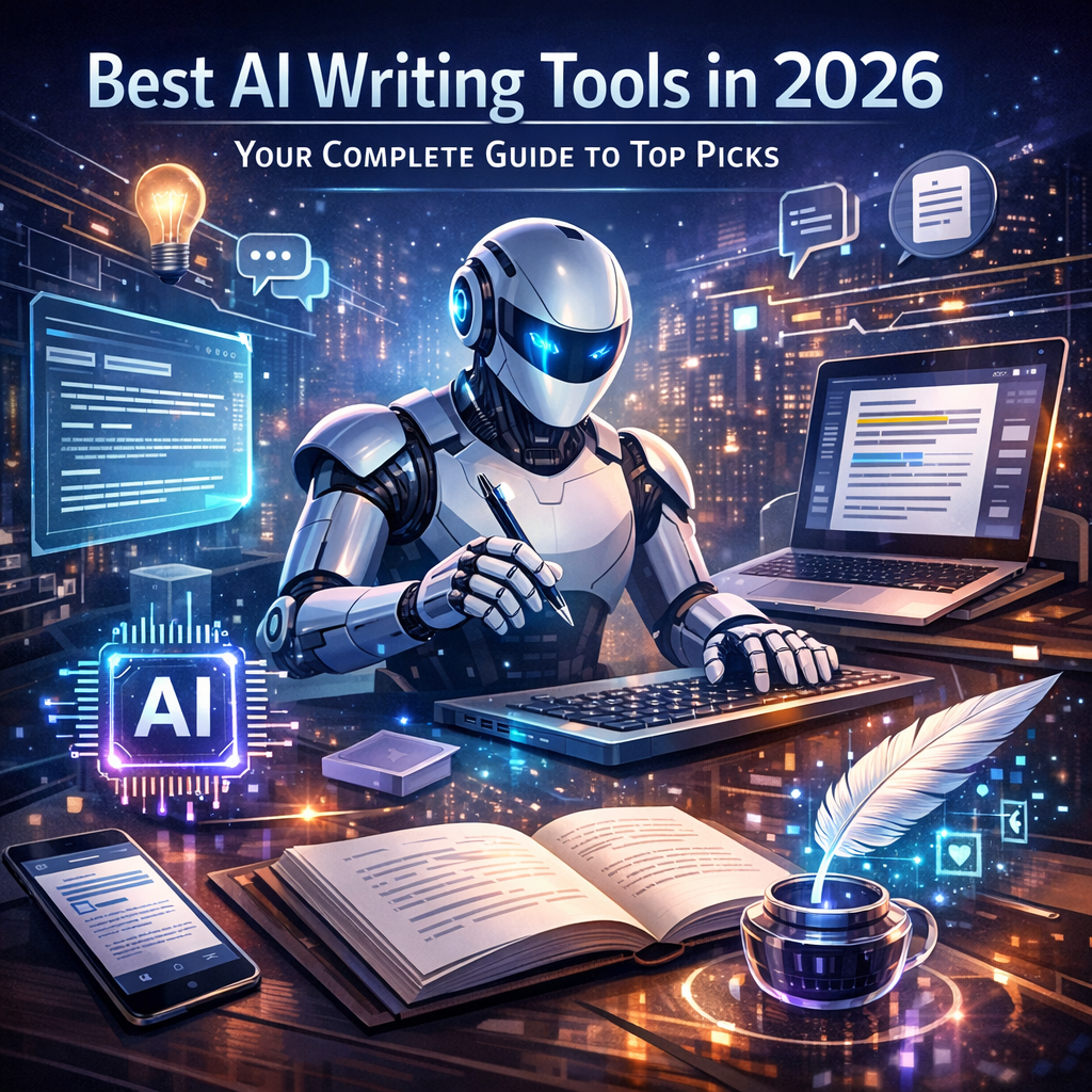 A laptop displaying AI writing tools interface with text and icons representing the best AI writing tools in 2026.