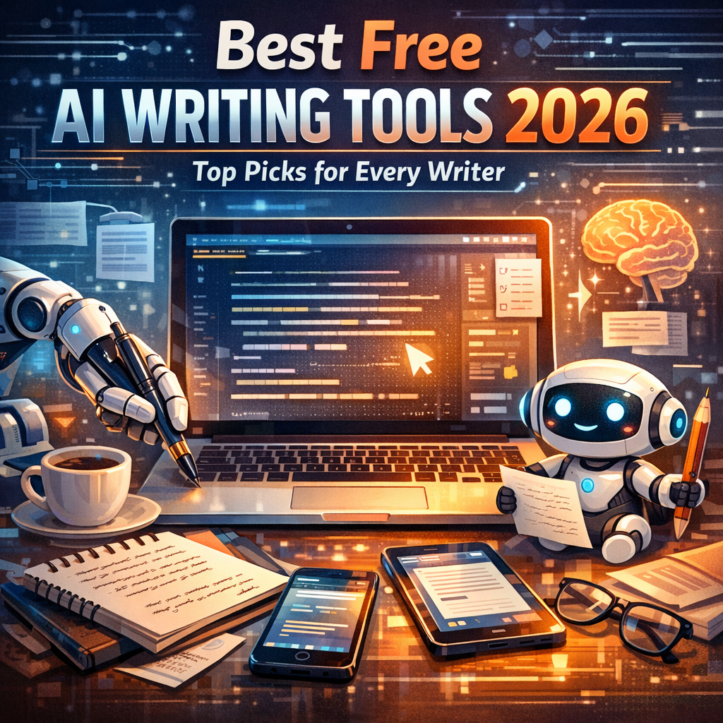 Writer at laptop surrounded by floating AI tool icons and text bubbles, representing free AI writing tools in 2026.