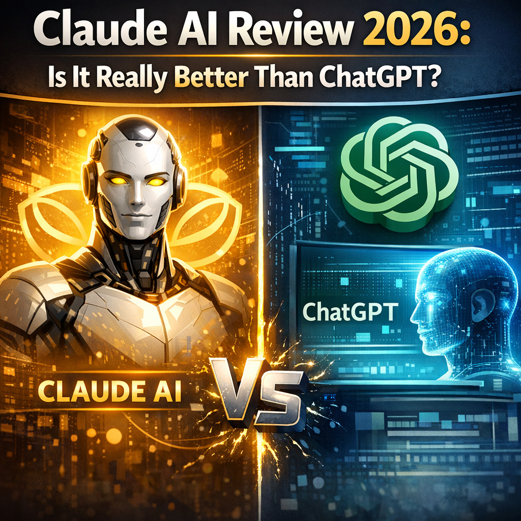 Split-screen comparison of Claude AI and ChatGPT interfaces on a laptop screen with a 2026 review overlay.