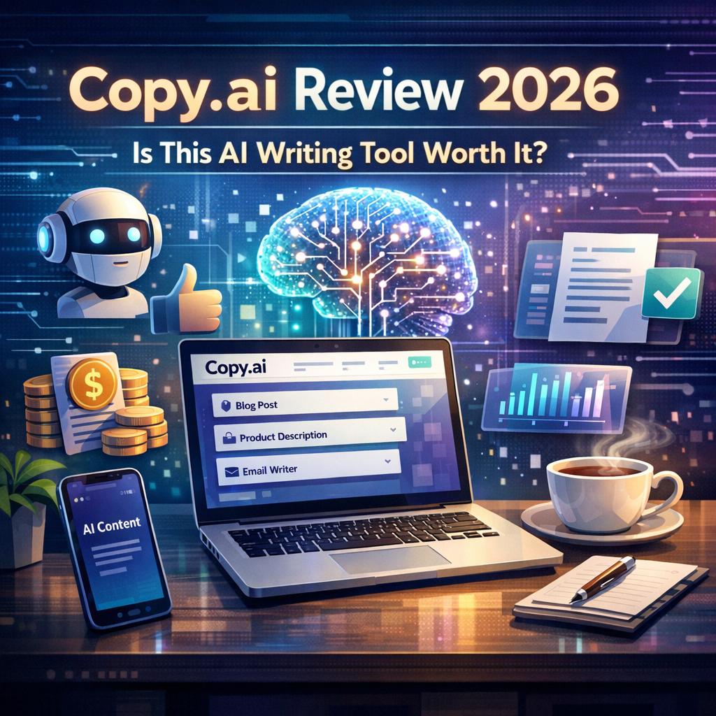 Person typing on laptop with AI-generated text on screen, representing a Copy.ai review for 2026.