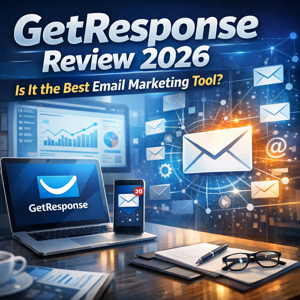 GetResponse email marketing platform dashboard showing campaign tools, automation features, and analytics for 2026 review.