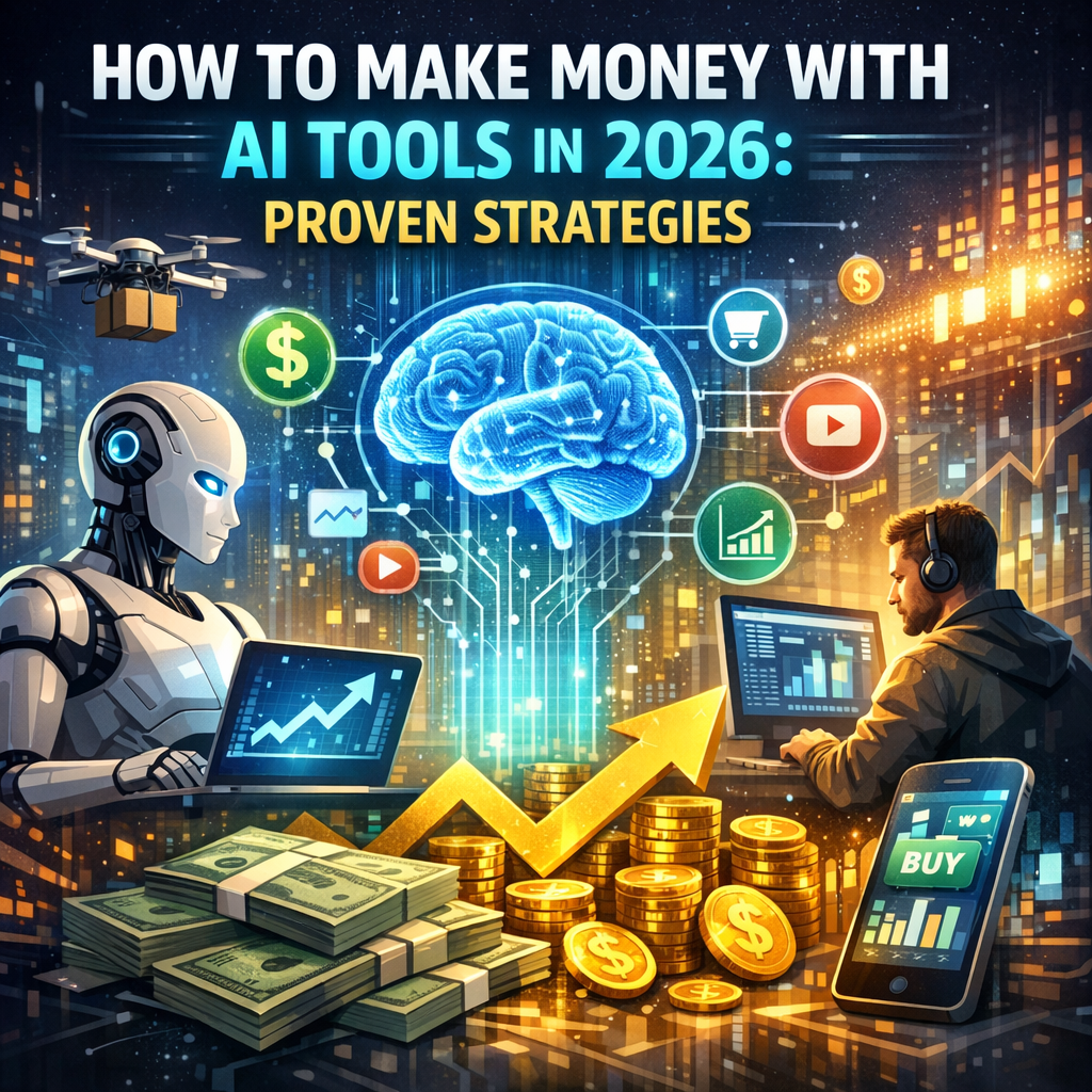 Person using AI tools on laptop with charts and dollar signs showing money-making strategies in 2026.