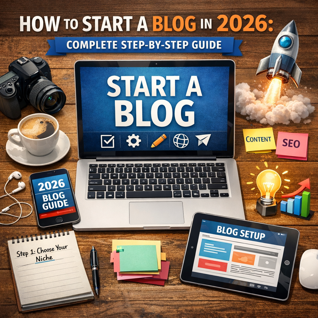 Person sitting at a laptop starting a new blog, following a step-by-step setup guide in 2026.