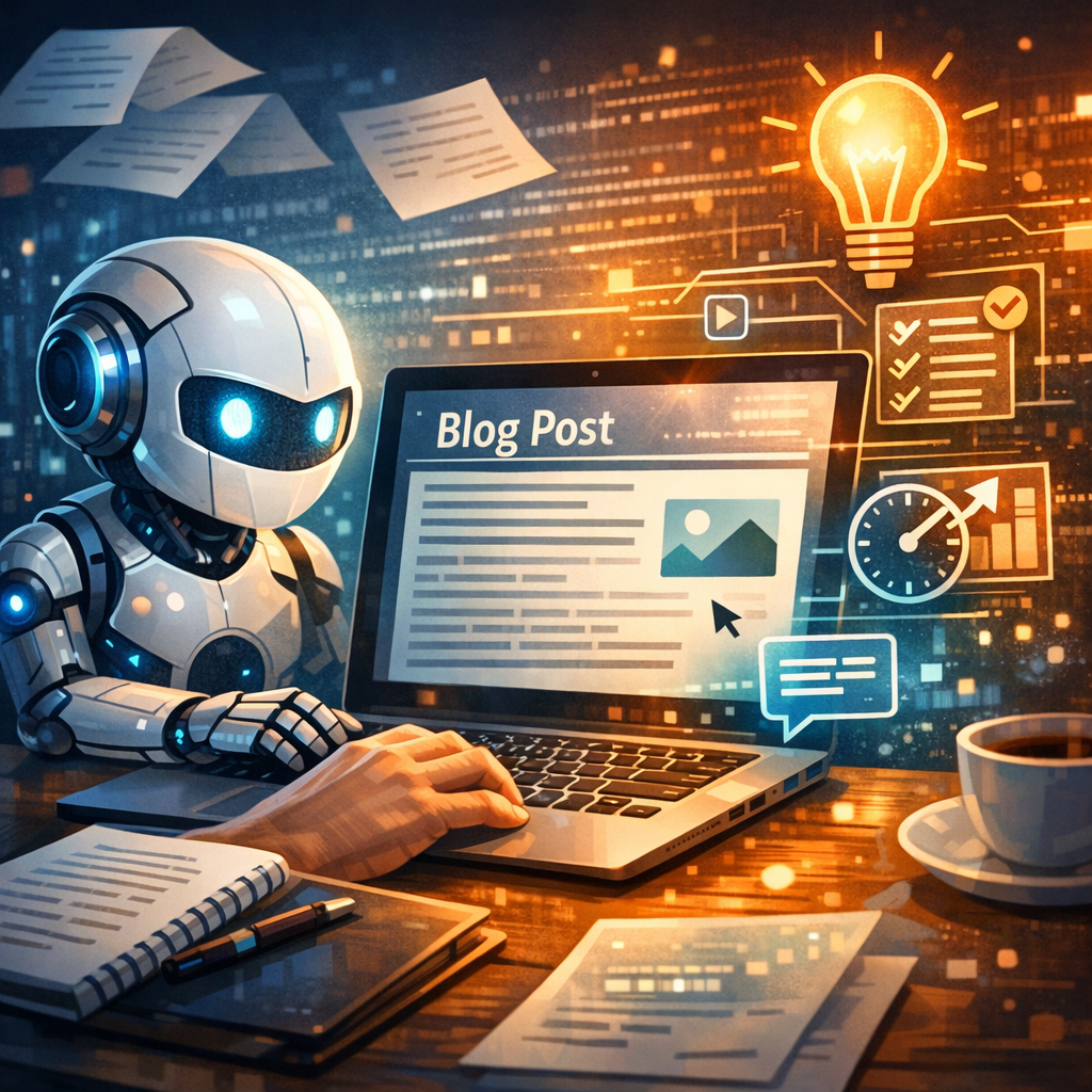 Person typing on laptop with AI interface glowing on screen, symbolizing how to use AI to write blog posts efficiently.