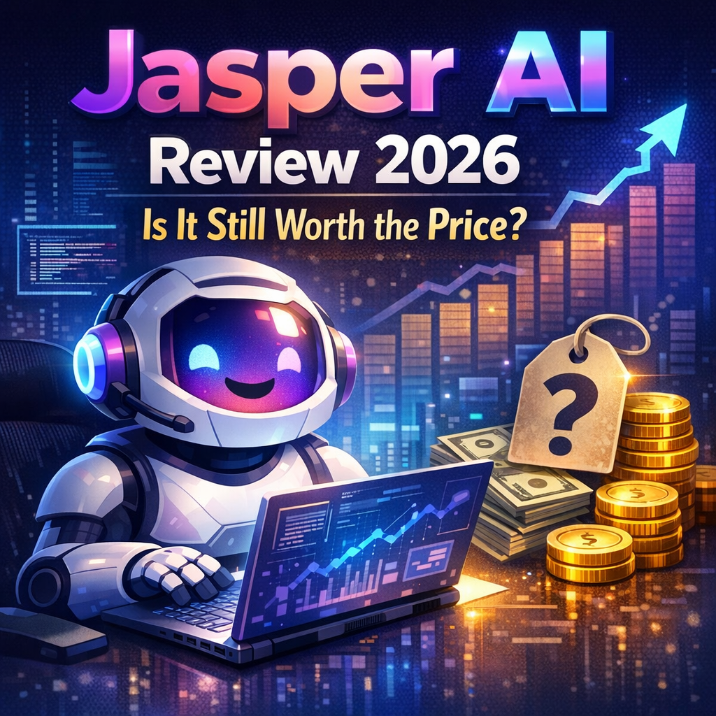 Jasper AI dashboard interface displayed on a laptop screen for 2026 review analysis.