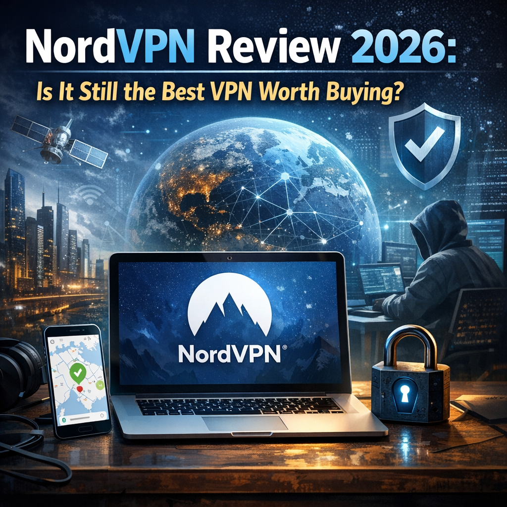 NordVPN app interface displayed on a laptop screen showing secure VPN connection status in 2026.