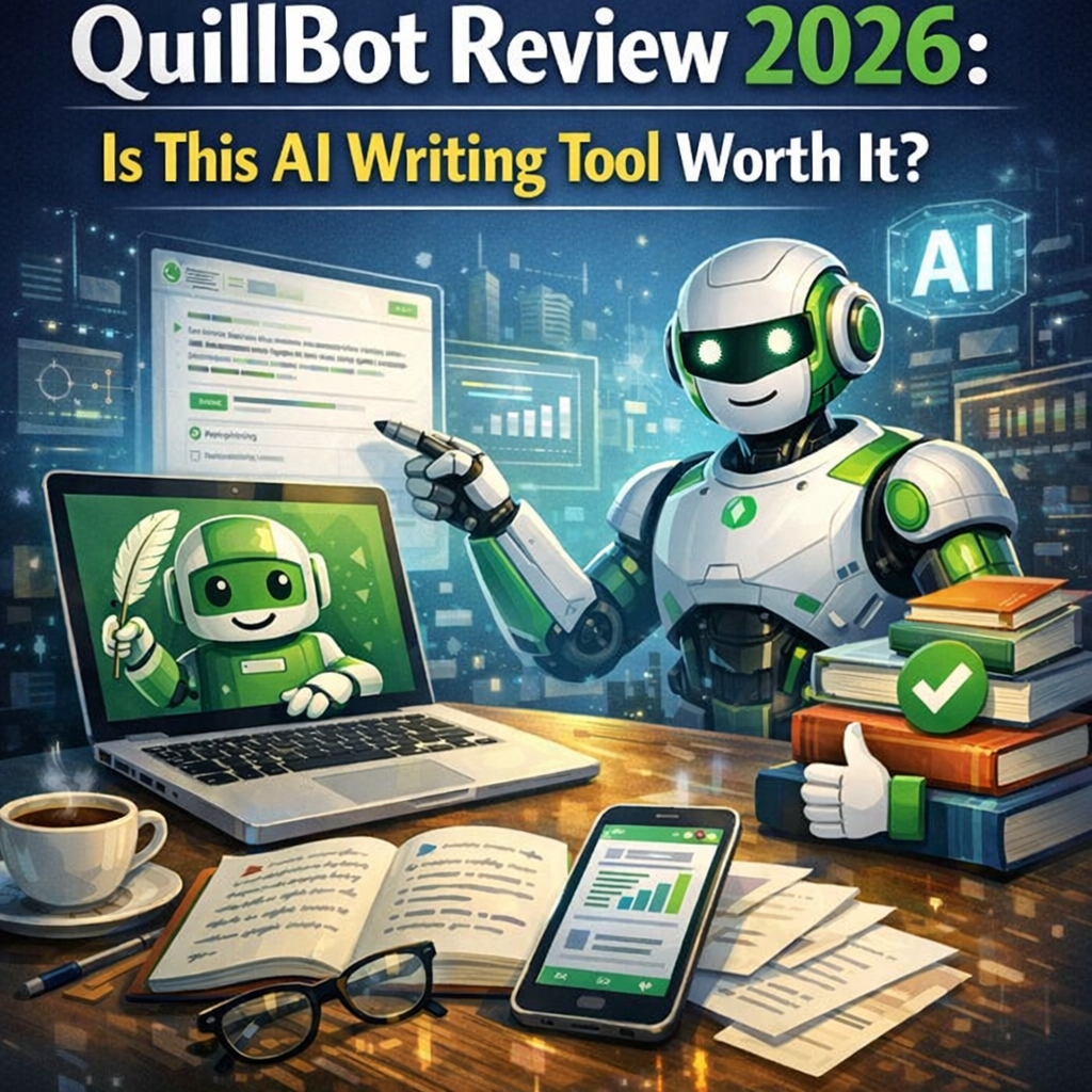 QuillBot AI writing tool interface displayed on a laptop screen for 2026 review analysis.