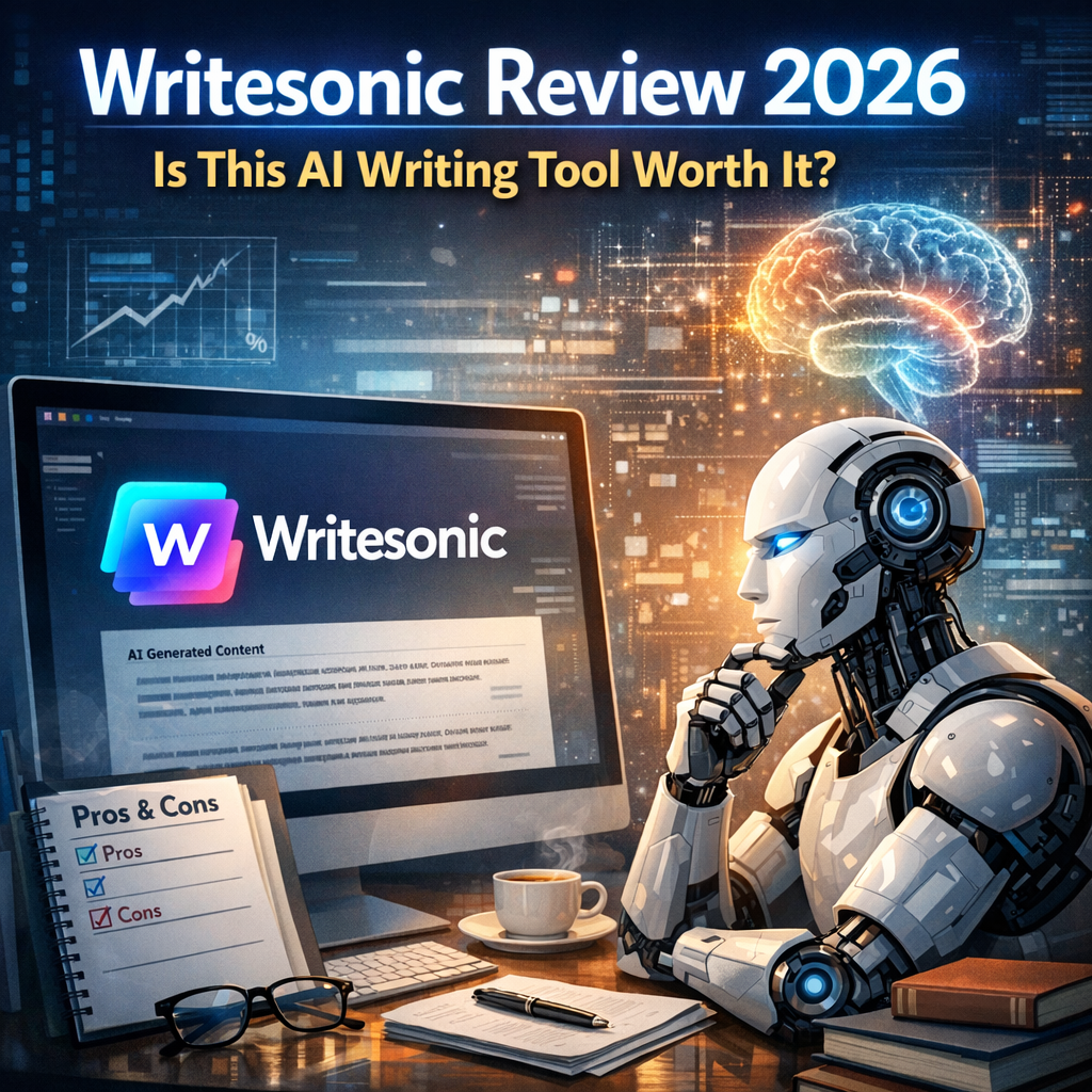 Writesonic AI writing tool interface displayed on a laptop screen for 2026 review evaluation.