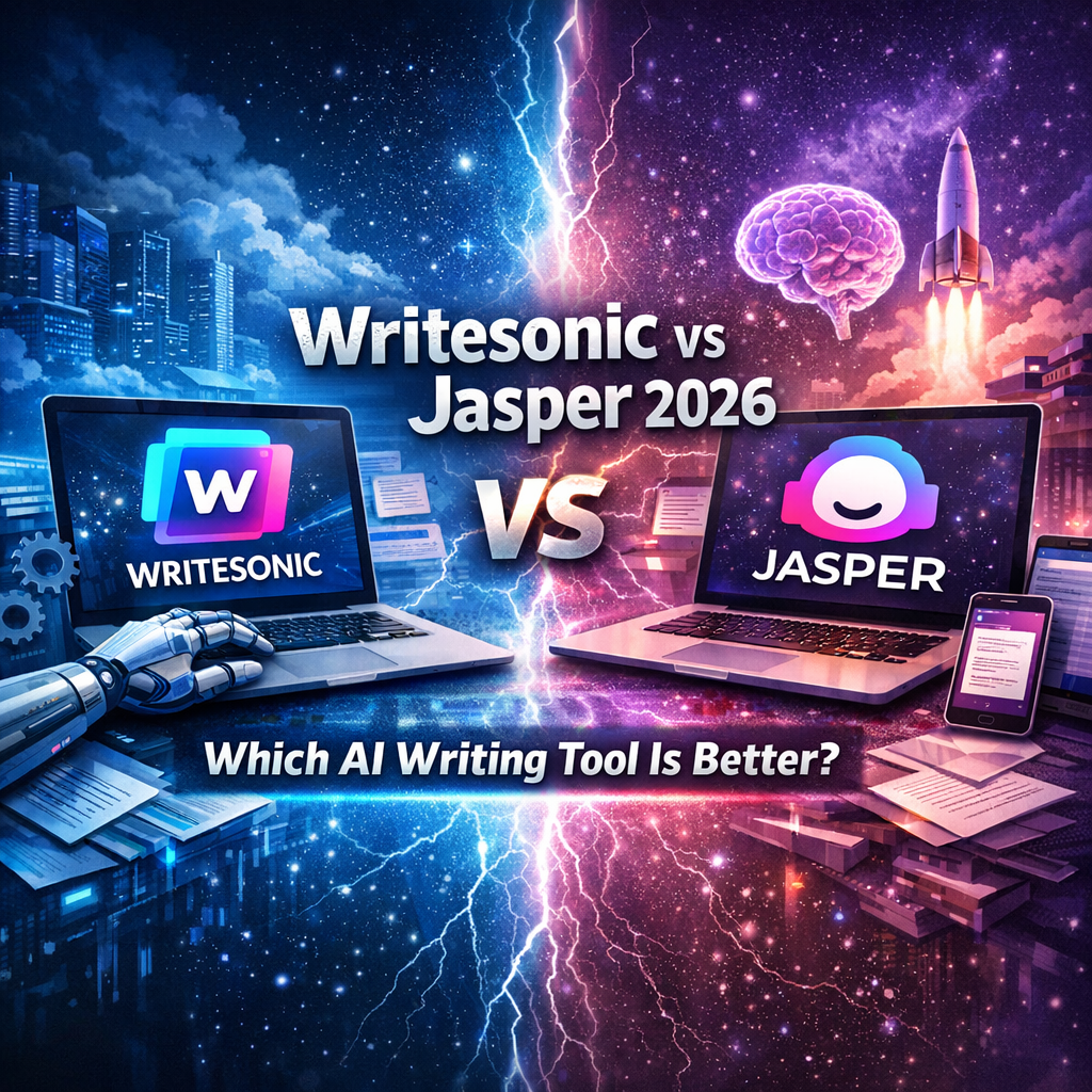 Writesonic and Jasper AI writing tool logos side by side for a 2026 comparison review.