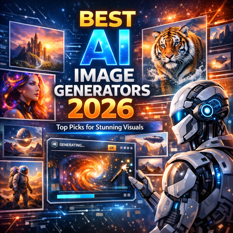 Futuristic AI interface generating stunning digital artwork, showcasing top AI image generator tools for 2026.