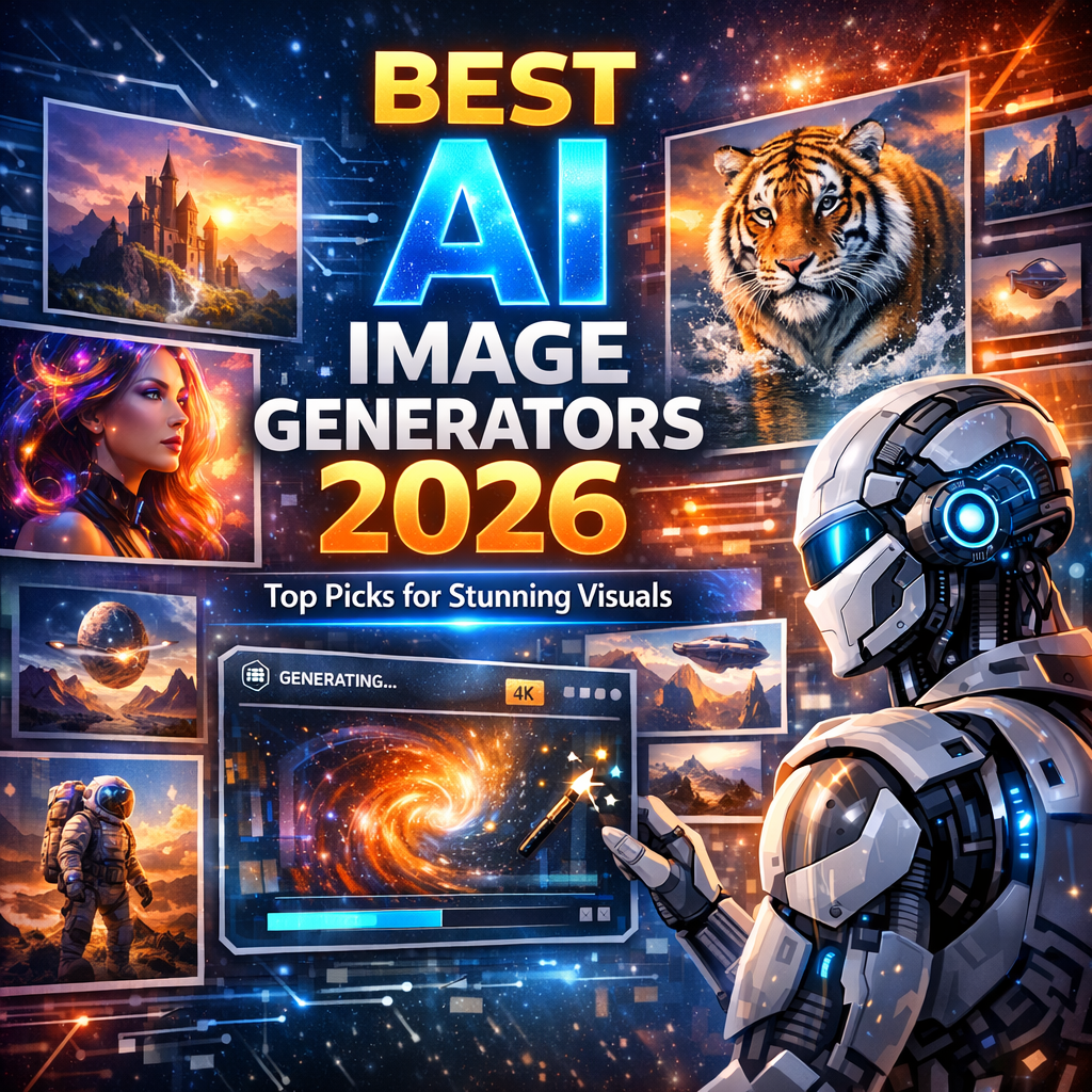 Futuristic AI interface generating stunning digital artwork, showcasing top AI image generator tools for 2026.