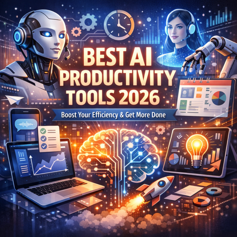 Person using AI productivity tools on laptop with digital interface, boosting efficiency in modern workspace 2026.