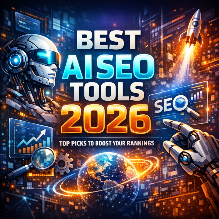 Futuristic dashboard displaying AI-powered SEO tools with ranking charts and data analytics for 2026 digital marketing.