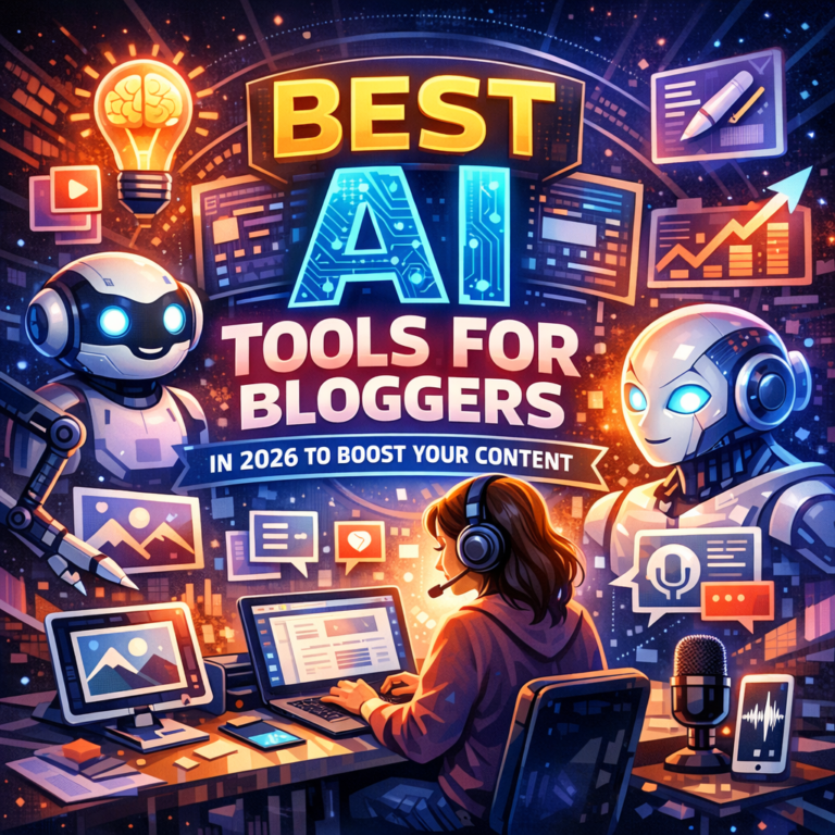 Blogger using best AI tools on a laptop to create and boost content efficiently in 2026.