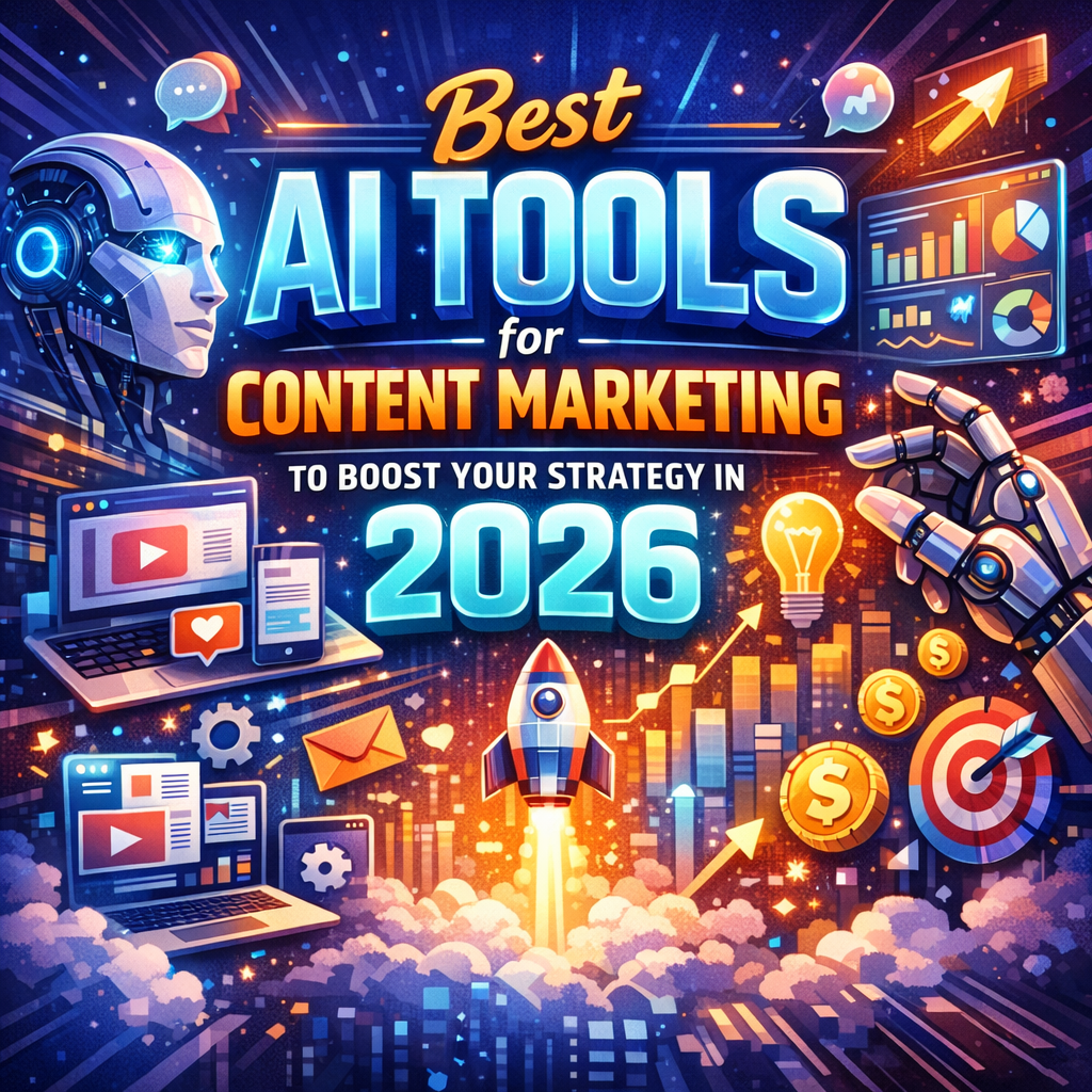 Marketer using best AI tools for content marketing on a laptop to boost strategy in 2026