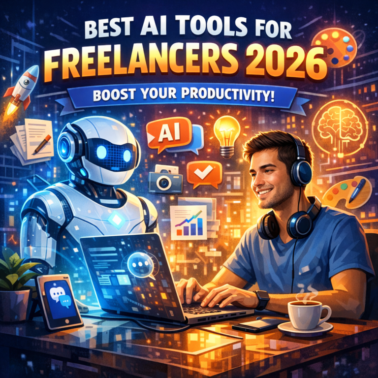 Freelancer using best AI tools on laptop in 2026 to boost productivity and streamline work tasks.