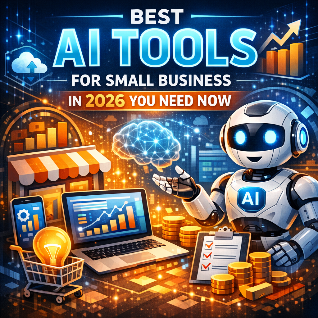 Small business owner using AI tools on laptop and tablet in a modern office workspace in 2026.