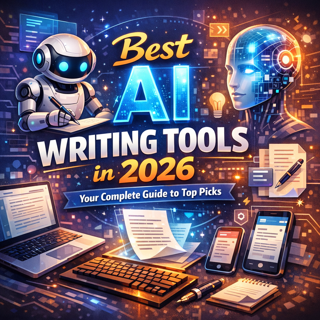 Person typing on laptop with AI writing interface displayed on screen, representing the best AI writing tools in 2026.