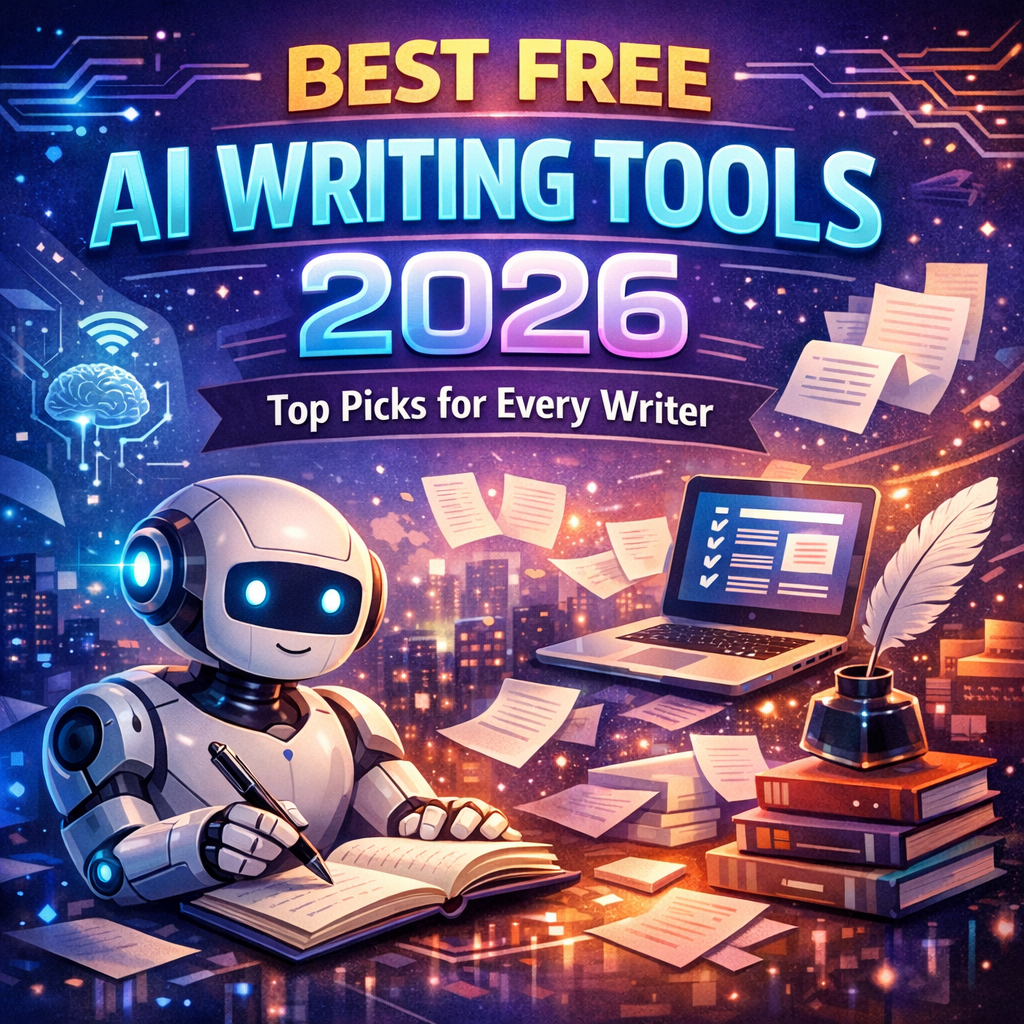 Writer at laptop using AI writing software interface with glowing text suggestions on screen, representing free AI writing to