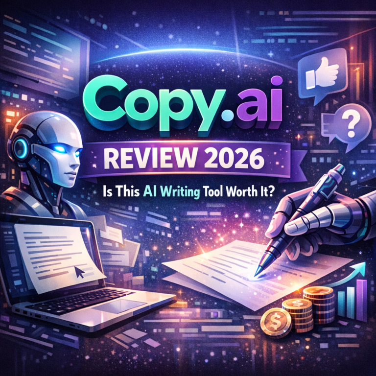 Copy.ai interface displayed on a laptop screen showing AI writing tool features for content creation in 2026.