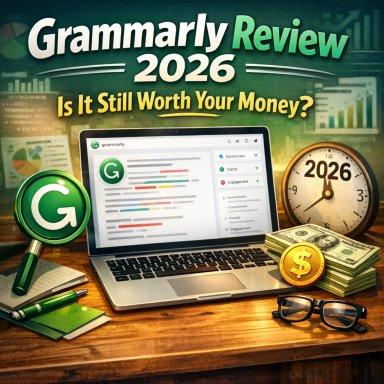 Grammarly interface open on a laptop screen showing grammar suggestions and writing feedback in 2026.