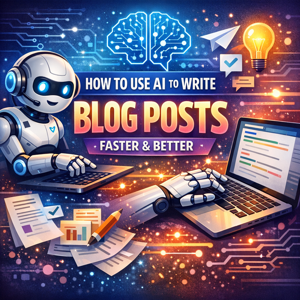 Person typing on laptop with AI interface and blog content appearing on screen, representing how to use AI to write blog post