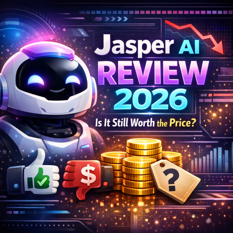 Jasper AI interface on a laptop screen showing AI writing tools, reviewed for value and pricing in 2026.