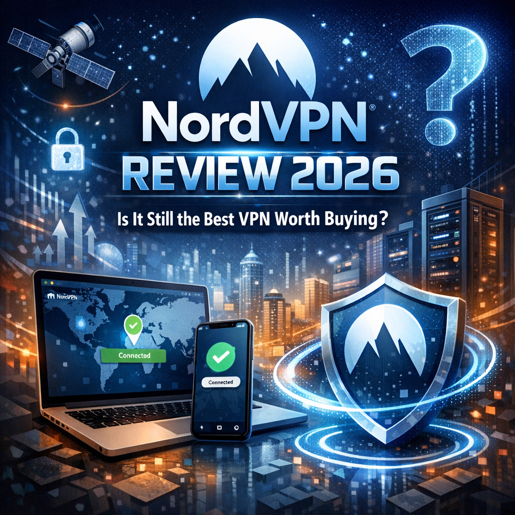 NordVPN app interface displayed on a laptop screen with a secure connection shield and world map in 2026.