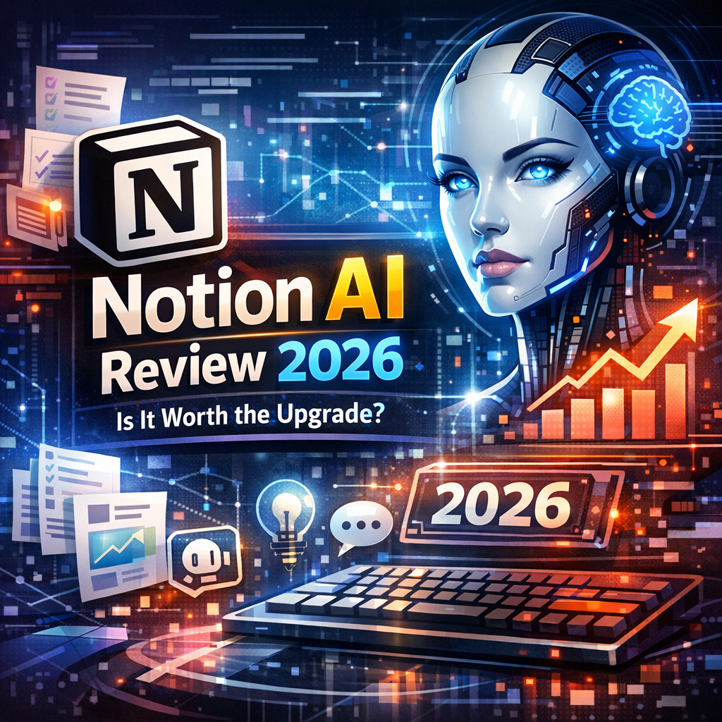 Notion AI interface on a laptop screen displaying smart writing and productivity features in 2026.