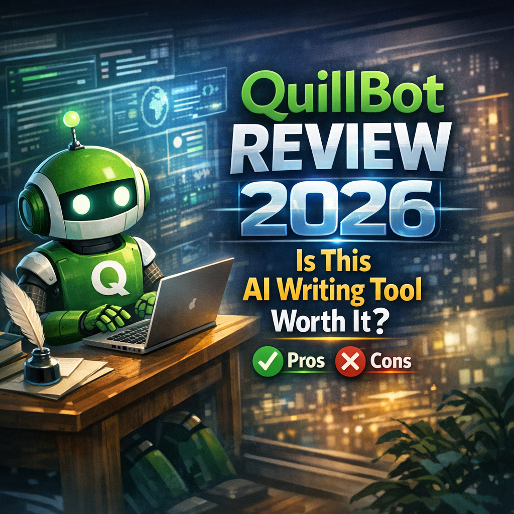 Screenshot of QuillBot's AI writing interface showing paraphrasing and grammar tools in 2026.