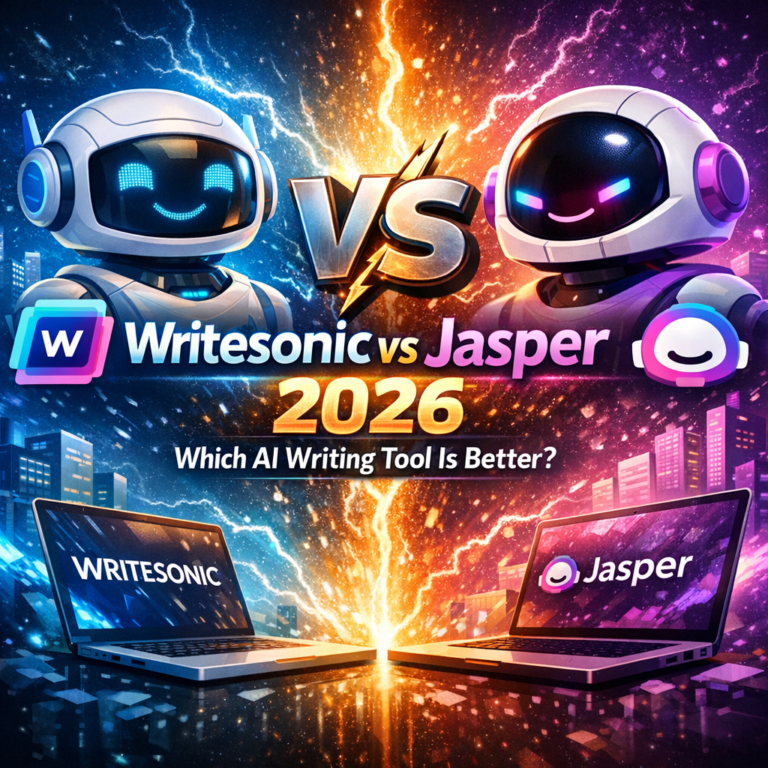 Writesonic and Jasper AI writing tool logos side by side for a 2026 comparison review.